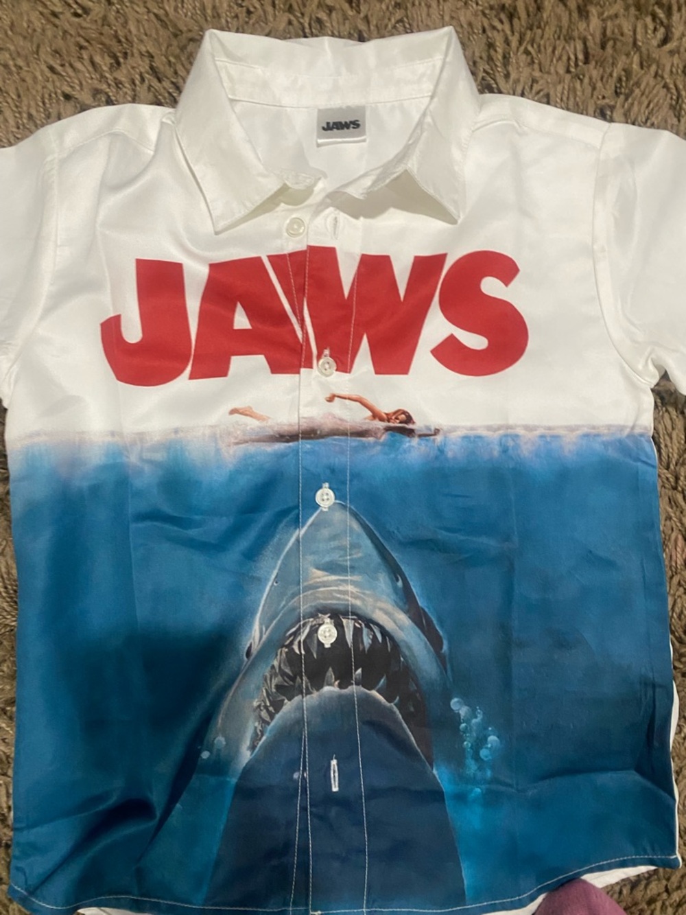 Jaws Graphic Short-Sleeve Button-Up Shirt - White & Blue - Picture 2 of 2
